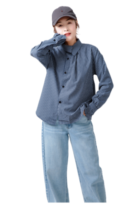 立领小格子法式衬衫