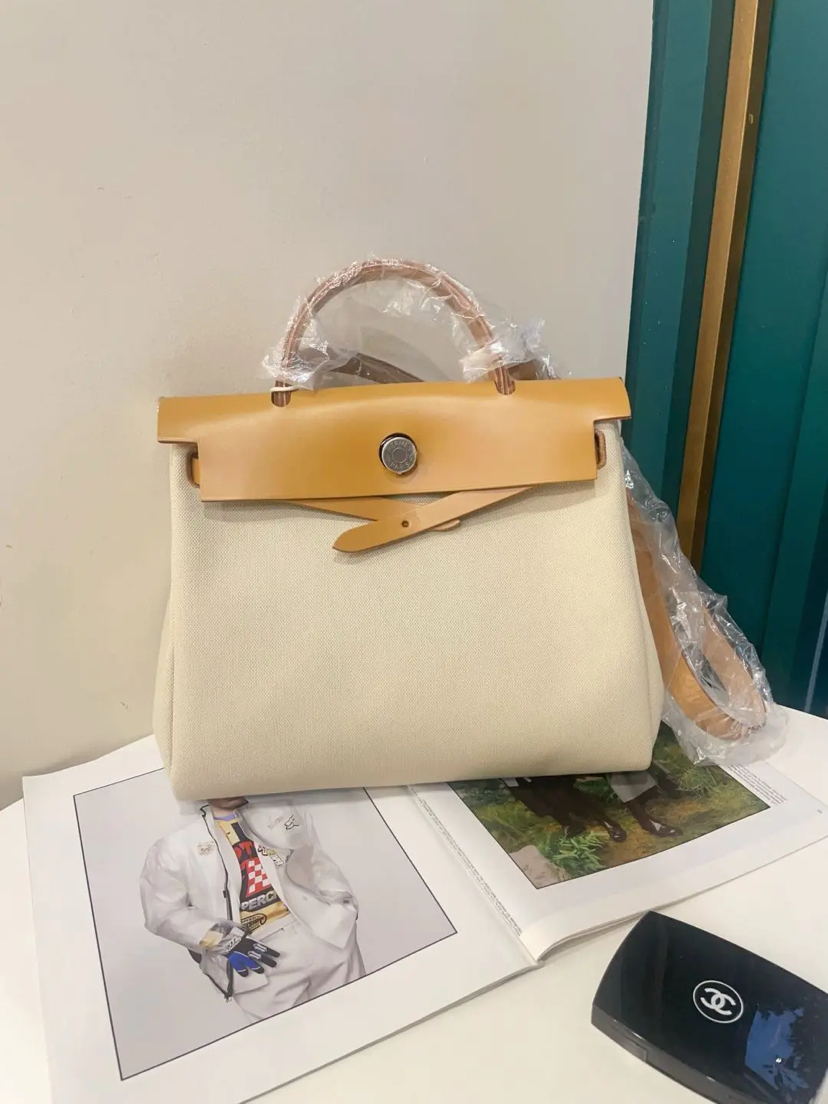爱马仕 herbag31 帆布拼皮 米白拼棕 单肩包