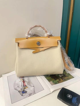 爱马仕 herbag31 帆布拼皮 米白拼棕 单肩包