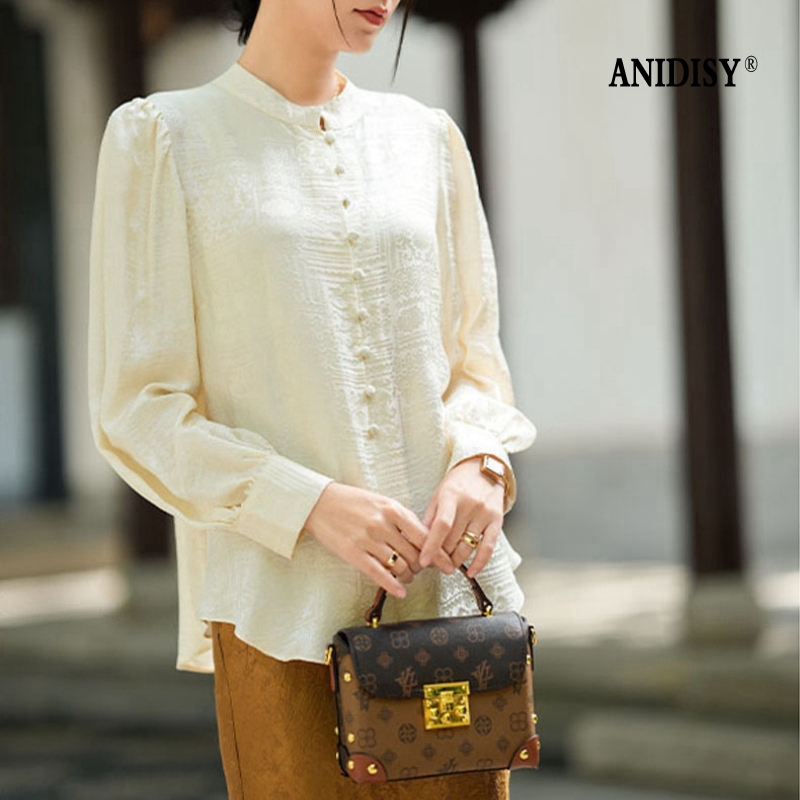 19姆米提花真丝立领长袖单排扣半襟套头衬衫