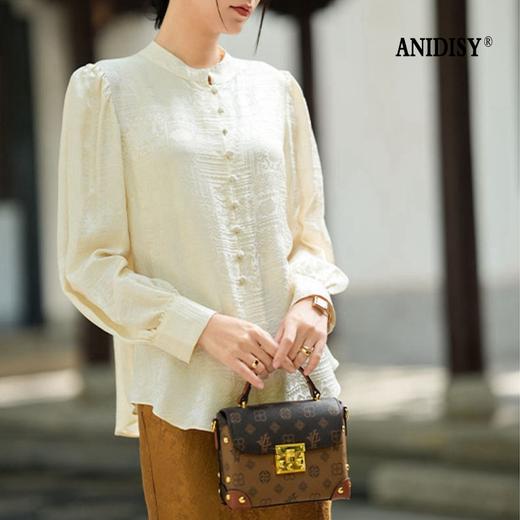 19姆米提花真丝立领长袖单排扣半襟套头衬衫 商品图0