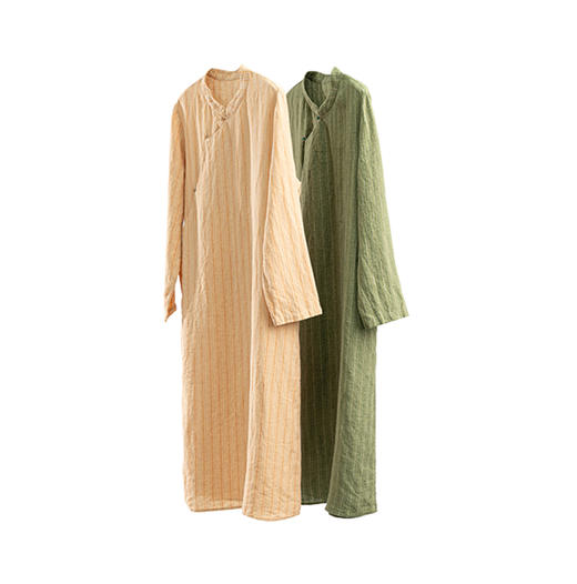 特绽放125朵/岁月静好*色织亚麻条纹新中式立领斜襟七分袖连衣裙 商品图4