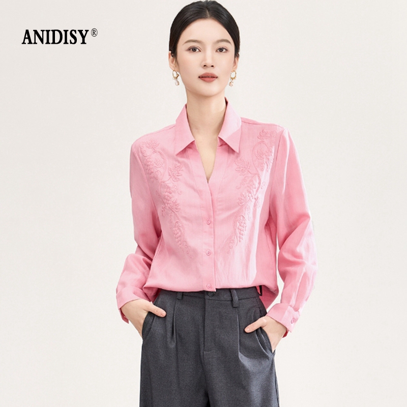 时尚翻领长袖单排扣刺绣衬衫