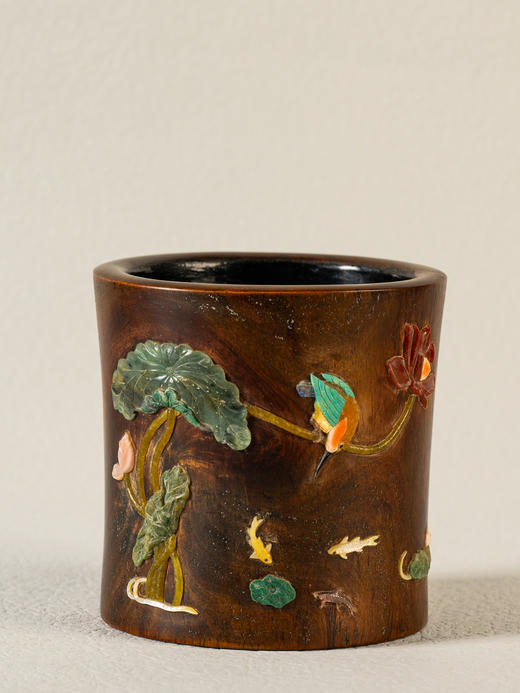 清	黄花梨百宝嵌花鸟诗文笔筒 商品图1