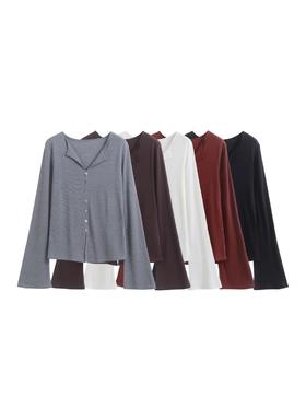 F030607慢氧时光天丝醋酸羊毛贝壳修身V领喇叭袖打底衫