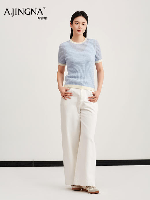 【针织短袖】阿菁娜春季新款小香风短袖针织衫撞色包边圆领设计绞花肌理立体有型F31C301009 商品图2