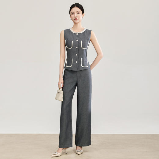 「高货wl」全新升级【铂金会员404/天猫549/差价145】(99835)洛诗琳2026春季通勤钉珠圆领天丝麻马甲气质阔腿裤套装 商品图0
