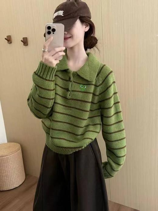 F030665韩系可爱绿色条纹宽松微短款针织Polo衫 商品图5