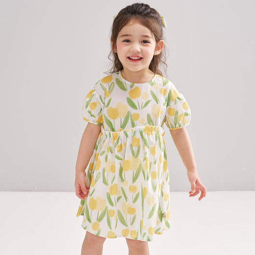 笛莎/Deesha 【松饼熊】2026年夏季新款女童泡泡袖水彩风花朵印花棉布连衣裙 商品图1