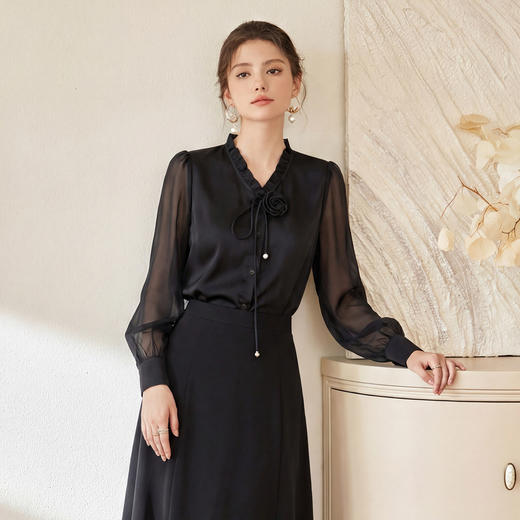 IWY/黑色灯笼袖花边领衬衫半裙两件套女收腰显瘦套装时尚新款25B757+25S777 商品图4