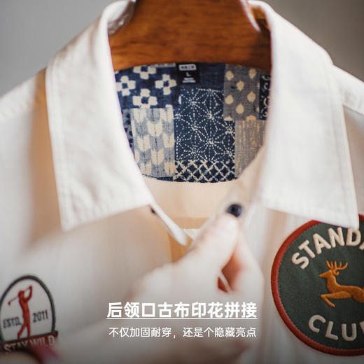 马登工装美式章仔刺绣长袖衬衫外套薄款白色口袋拼接衬衣夹克男春 商品图1