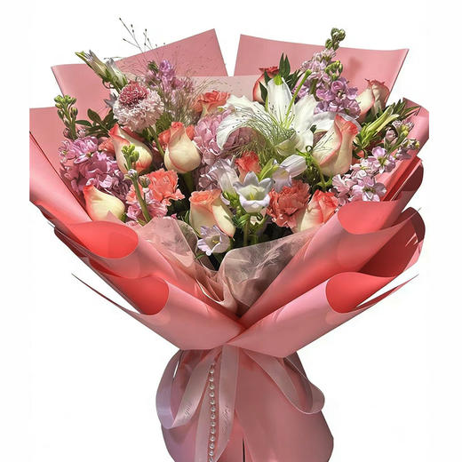 38女神节花束【 粉紫琦梦】新鲜鲜花花束 爱莎玫瑰粉色康乃馨粉色紫罗兰混搭花束 （可备注送货时间） 商品图0