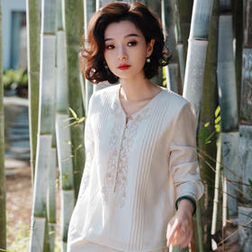西子/浣溪沙莱赛尔醋酸亚麻重工刺绣褶皱浅杏优雅上衣/SYHY0151