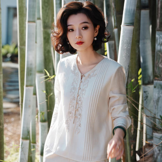 西子/浣溪沙莱赛尔醋酸亚麻重工刺绣褶皱浅杏优雅上衣/SYHY0151 商品图0