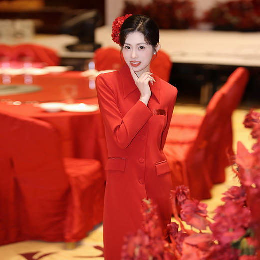 法小曼*子珍扶摇系列醋酸西装连衣裙女红色中国风年会礼服长款大红色裙子秋冬 FYQ566 商品图3