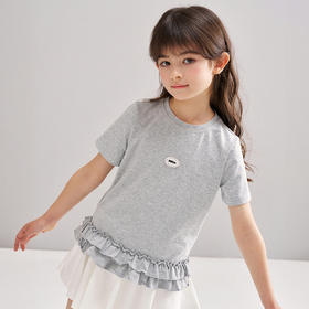 笛莎/Deesha 【松饼熊】2026年夏季新款女童甜美设计感拼接木耳边短袖T恤