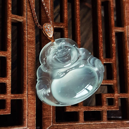 【天然正品】A货翡翠AU750收藏级玫瑰金镶钻镶天然细腻青白色高冰种起荧佛公翡翠吊坠项链 34.2*30.9*7.9MM（皆取最大值）40CM 270226NJS08 商品图7