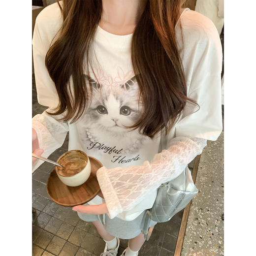 <曾小咸推荐>韩系假两件猫咪印花长袖t恤女 商品图3
