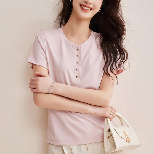 长绒棉80支丝光棉短袖t恤女白色亨利领夏季排扣高级正肩体恤荃棉   BY-W35 商品图3