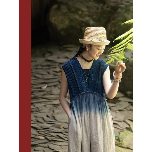 艺术家联名款 牧衣游原创吊蓝染亚麻无袖连衣裙禅意古朴文艺 诗诺 商品图1