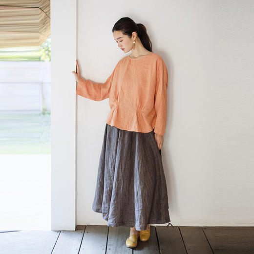 绽放159朵/色织条纹亚麻全腰松紧大摆两侧可抽绳半身裙女新款百搭 商品图1