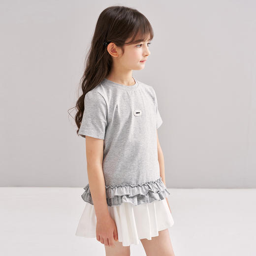 笛莎/Deesha 【松饼熊】2026年夏季新款女童甜美设计感拼接木耳边短袖T恤 商品图4