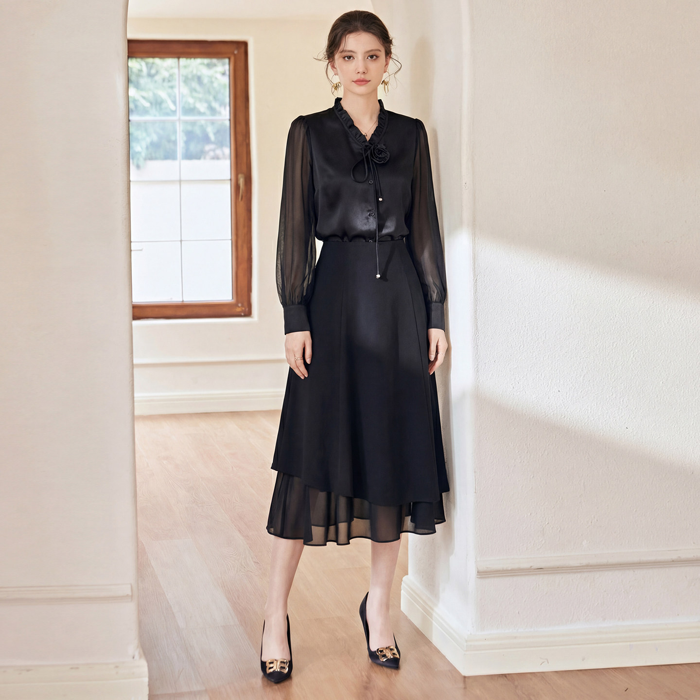 IWY/黑色灯笼袖花边领衬衫半裙两件套女收腰显瘦套装时尚新款25B757+25S777