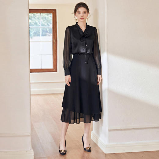 IWY/黑色灯笼袖花边领衬衫半裙两件套女收腰显瘦套装时尚新款25B757+25S777 商品图0