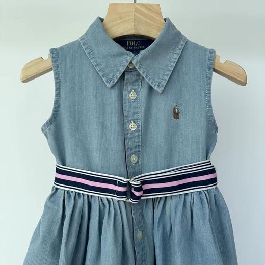 F0306137水洗无袖收腰大裙摆高密度刺绣衬衫领气质优雅时尚舒适带腰带儿童牛仔连衣裙 商品图3