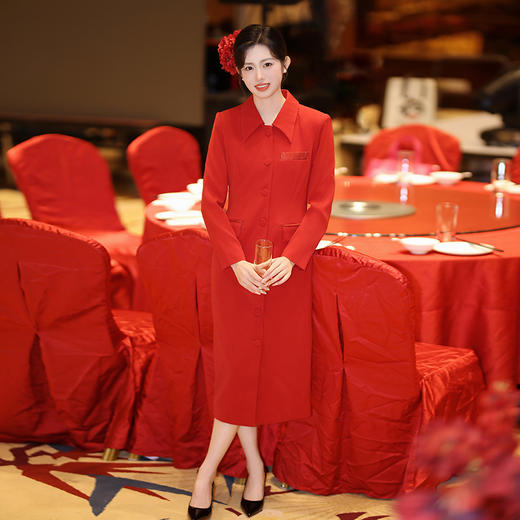 法小曼*子珍扶摇系列醋酸西装连衣裙女红色中国风年会礼服长款大红色裙子秋冬 FYQ566 商品图1