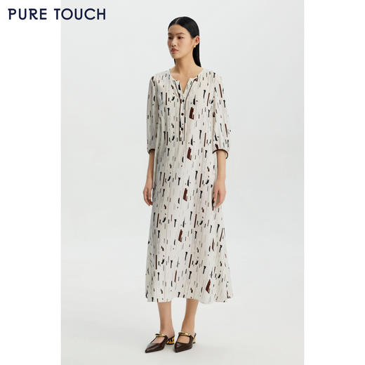 PURE TOUCH女装26夏新款印花连衣裙七分灯笼袖弹力斜纹蚕丝中长裙 商品图3