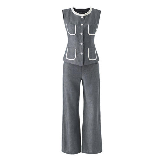 「高货wl」全新升级【铂金会员404/天猫549/差价145】(99835)洛诗琳2026春季通勤钉珠圆领天丝麻马甲气质阔腿裤套装 商品图4