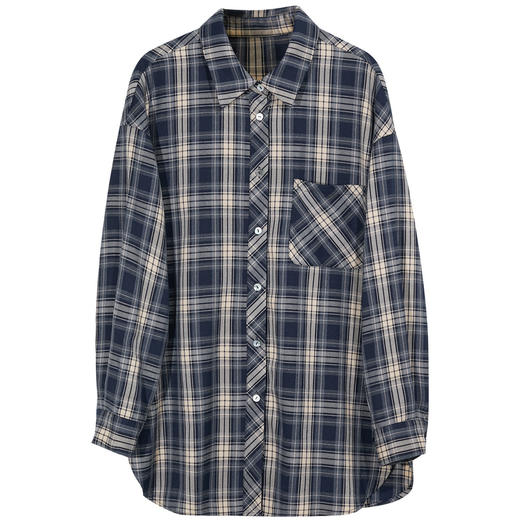 三彩2026春季新款格纹衬衫宽松中长款衬衣开衫翻领休闲复古M 商品图4