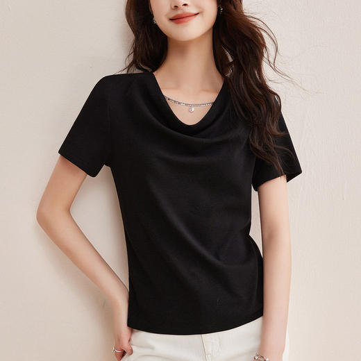 精仿羊绒美拉德复古咖色短袖t恤女高级感荡领修身内搭打底衫上衣  BY-W34 商品图2