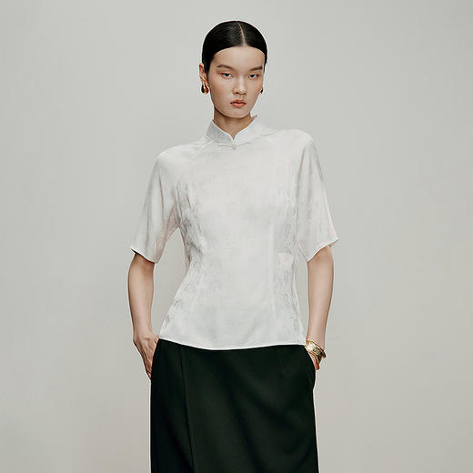 【林栖设计小店】朝花漫舞|米白色优雅提花修身显瘦2026春新款新中式衬衣1961060 商品图0