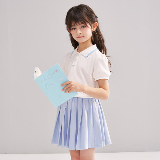 笛莎/Deesha 【松饼熊】2026年夏季新款女童撞色翻领蝴蝶结绣花学院风短袖T恤 商品图3