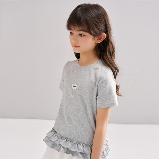 笛莎/Deesha 【松饼熊】2026年夏季新款女童甜美设计感拼接木耳边短袖T恤 商品图2