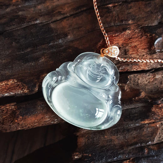 【天然正品】A货翡翠AU750收藏级玫瑰金镶钻镶天然细腻青白色高冰种起荧佛公翡翠吊坠项链 34.2*30.9*7.9MM（皆取最大值）40CM 270226NJS08 商品图4