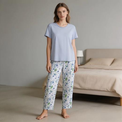 【32S棉莫单面】SCHIESSER德国舒雅女棉加莫代尔单面布面料轻薄舒适亲肤家居短袖七分裤套装 最大尺码XXL 31/26912H 商品图7