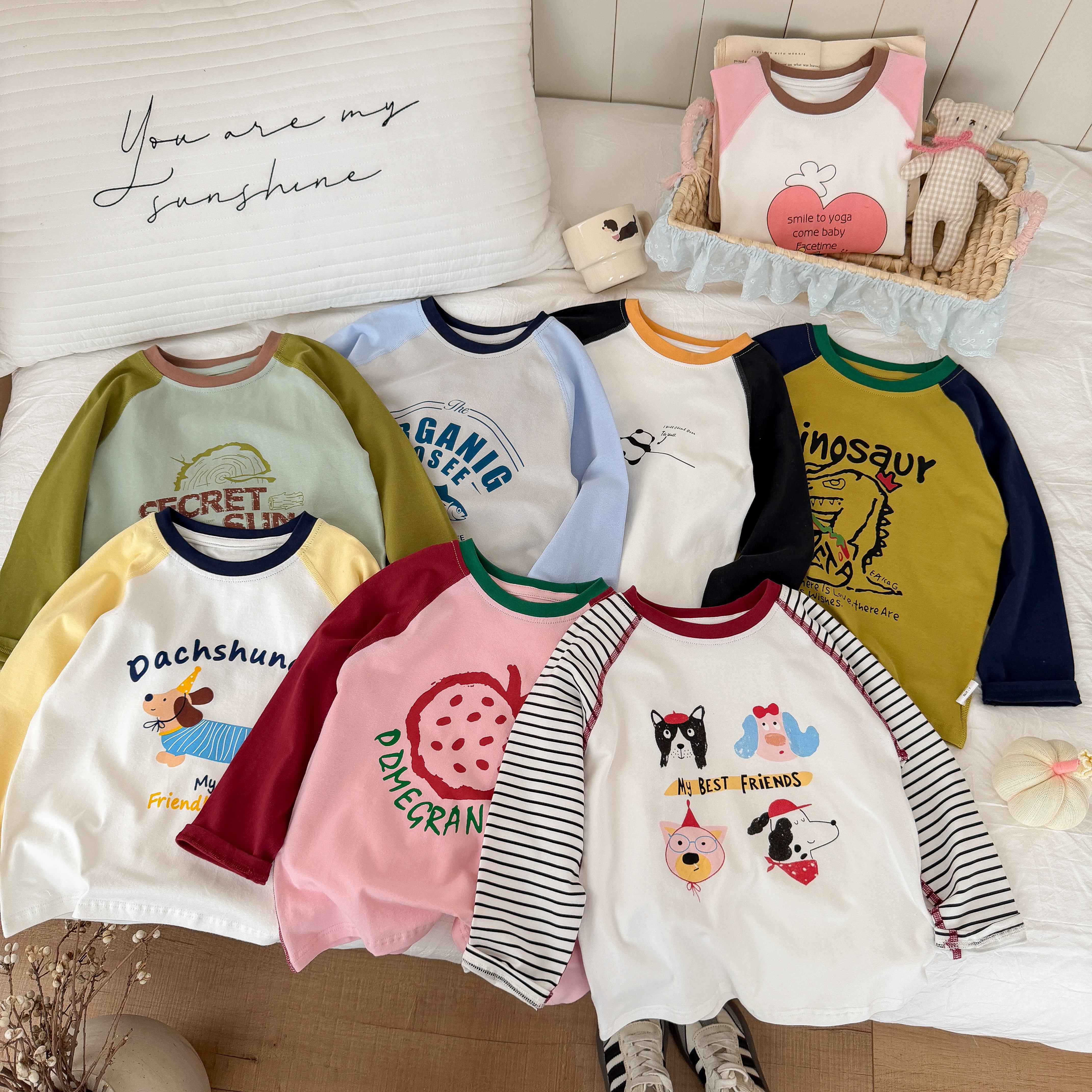 49.9元任选两件，单拍不发【儿童服饰丨春季长袖儿童T恤】面料舒适亲肤有弹性，无束缚感，款式清爽百搭，配校服牛仔裤都好看，90-170码、17色可选，上学、出游、居家、打底都能穿~