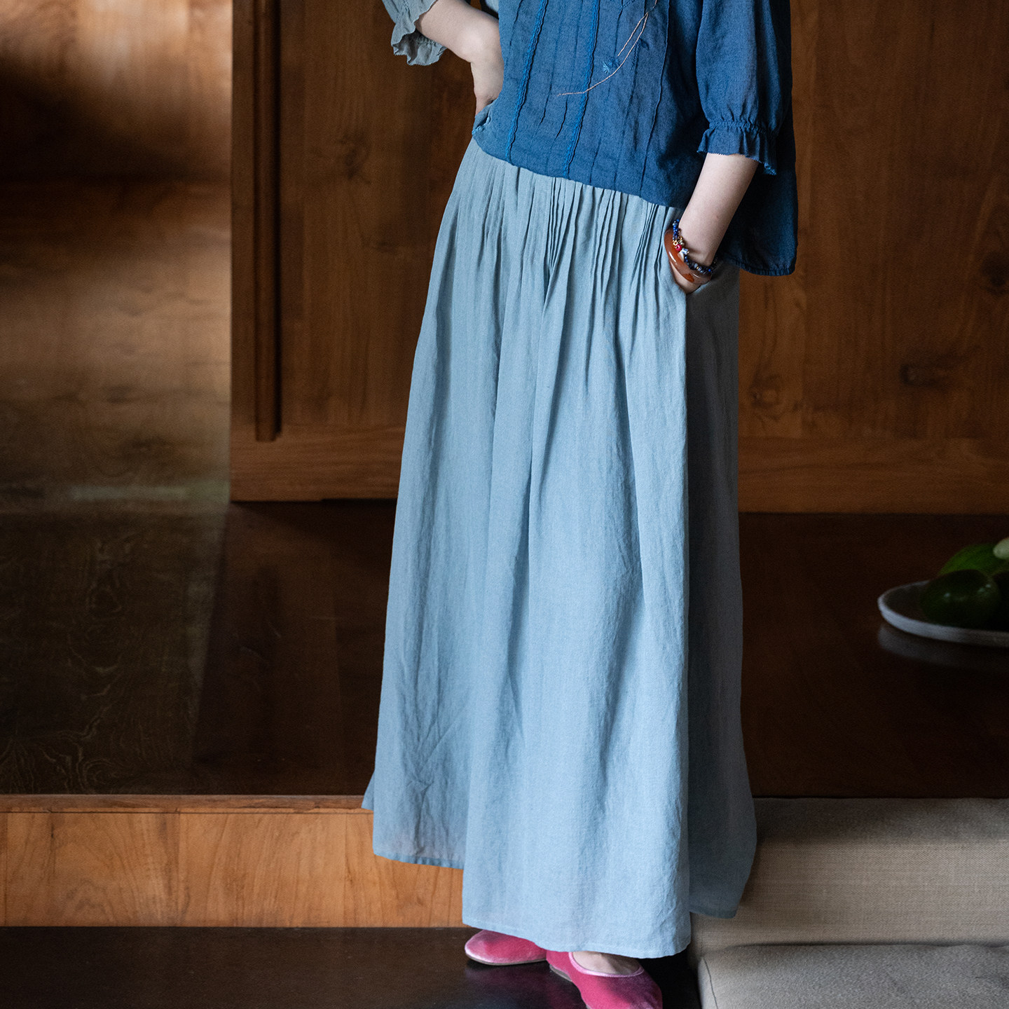 牧衣游原创 亚麻混纺半身裙新款轻薄百搭宽松文艺a字半裙 椿山