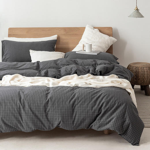 日式无印水洗棉良品四件套水洗棉四件套小格纹4四件套工厂代发 商品图0