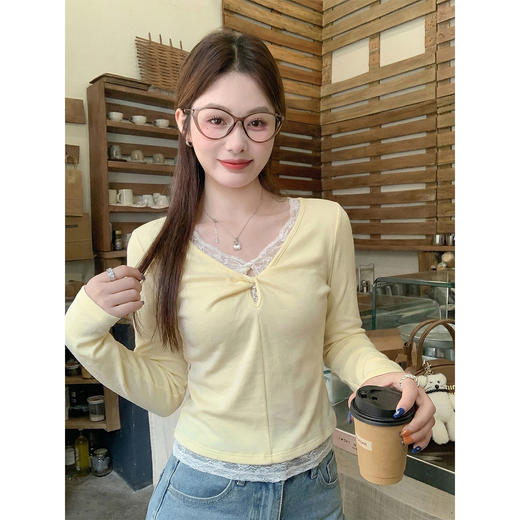 <曾小咸推荐>3.11现货秒杀 ！微信超特价！韩系蕾丝v领长袖t恤 日常129.99 立减60 秒杀69.99！！ 商品图4