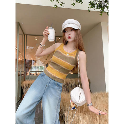 <曾小咸推荐>韩系黄拼咖挂脖无袖针织背心 商品图3