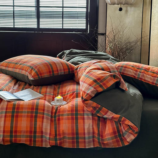 日式无印全棉水洗棉四件套良品格纹床品套件简约民宿酒店4件套 商品图2