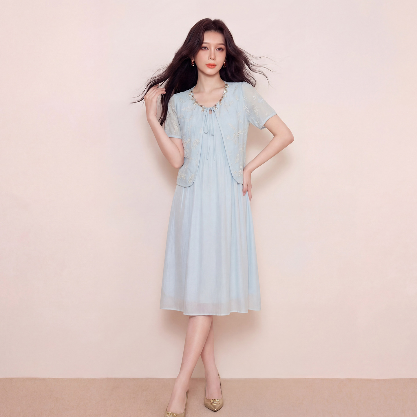 奢姿大码女装2026夏季时尚吊带连衣裙套装胖妹妹气质清新两件套9962990558