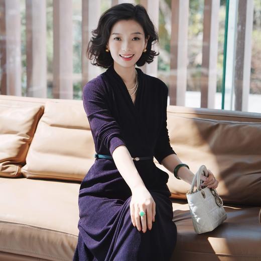 西子/尤加利醋酸围裹式V领钉珠带腰带藏青色连衣裙/CQTJ0734 商品图2