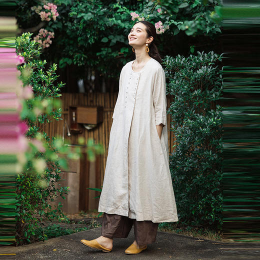 绽放148朵/麻序*亚麻圆领双排扣七分袖连衣裙女松弛感叠穿棉麻裙 商品图2