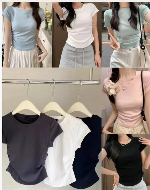 【GZ】无忧购26年春夏正肩短袖T收腰褶皱显瘦圆领短袖T恤3019（现货48小时发货) 商品图0