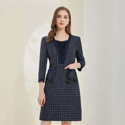 MA802斯尔丽2022年春季新款v领假两件小香风钉珠A摆连衣裙 商品图0